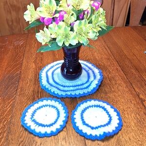 Handmade Blue and White Crochet Coasters/Doilies (2) & 1 Centerpiece